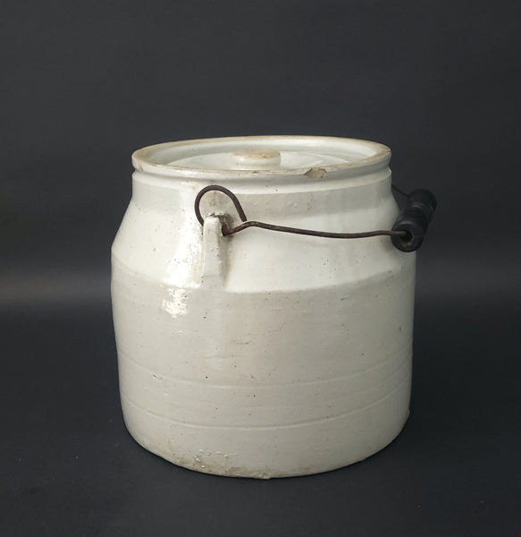 Antique Stoneware Jar Crock with Lid Bail Handle Black Wood Grip