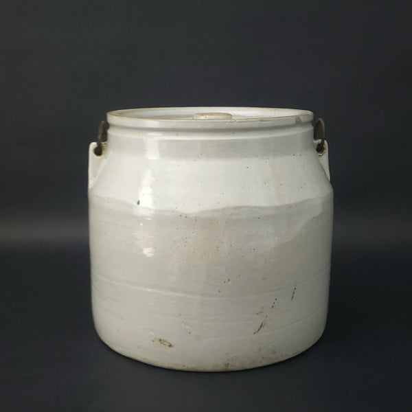 Antique Stoneware Jar Crock with Lid Bail Handle Black Wood Grip