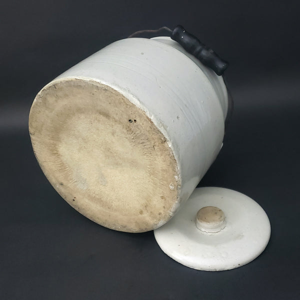 Antique Stoneware Jar Crock with Lid Bail Handle Black Wood Grip