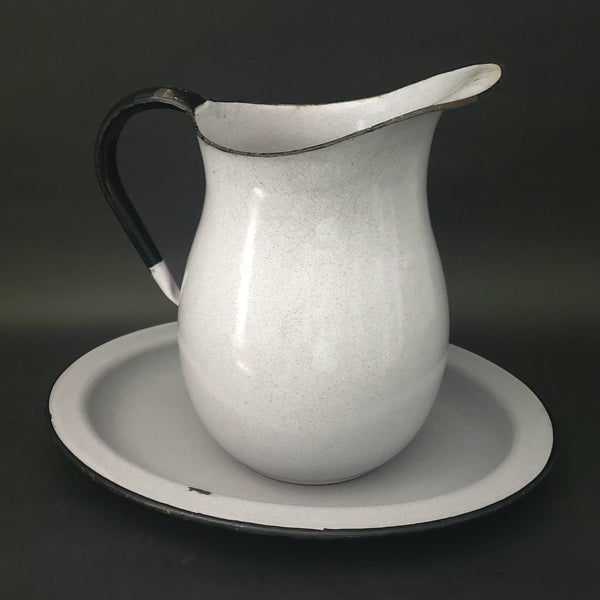 Large Vintage Speckled Enamelware Agate Pitcher with Matching Underplate