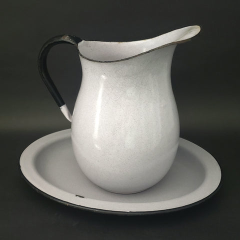 Large Vintage Speckled Enamelware Agate Pitcher with Matching Underplate