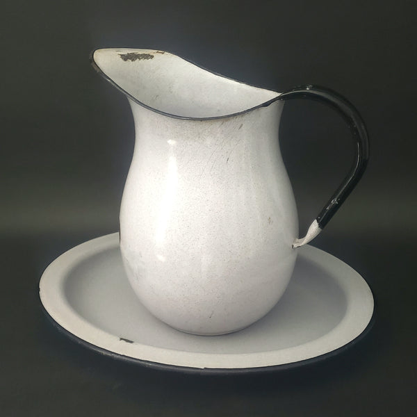 Large Vintage Speckled Enamelware Agate Pitcher with Matching Underplate by CESCO