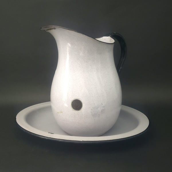Large Vintage Speckled Enamelware Agate Pitcher with Matching Underplate by CESCO