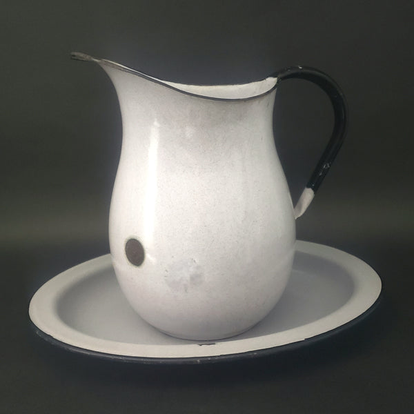Large Vintage Speckled Enamelware Agate Pitcher with Matching Underplate by CESCO