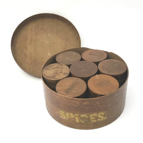 Early Bentwood Round Spice Box with 7 Spice Containers
