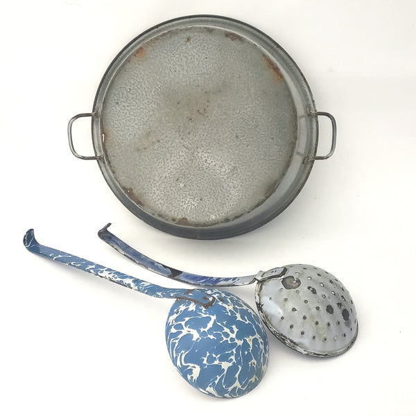 Antique Graniteware Pan with Enamel Strainer & Ladle Farmhouse Kitchen Accent