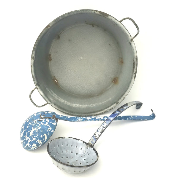 Antique Graniteware Pan with Enamel Strainer & Ladle Farmhouse Kitchen Accent