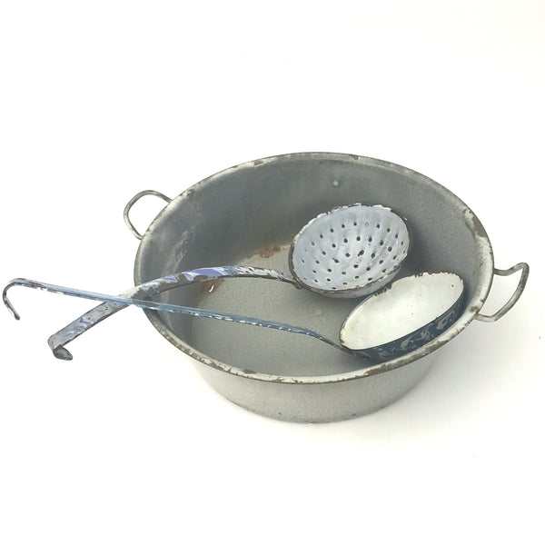 Antique Graniteware Pan with Enamel Strainer & Ladle Farmhouse Kitchen Accent