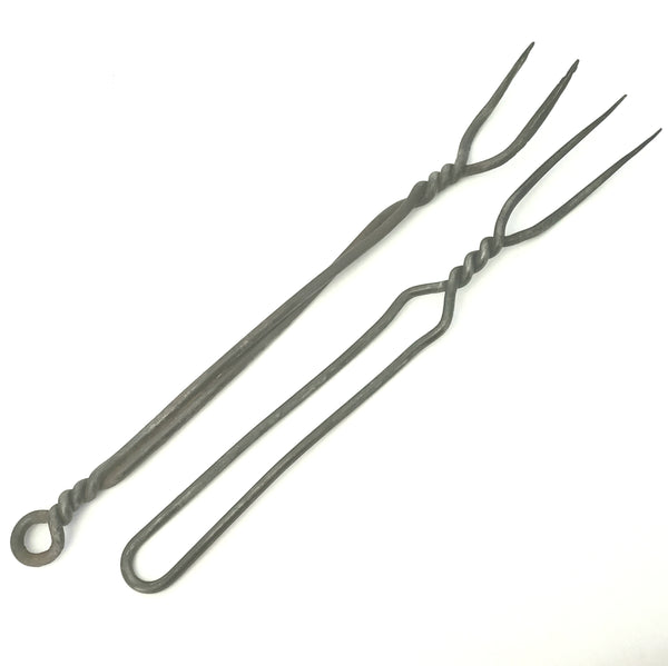 Early Pair Wrought Iron Twisted Two Prong Forks Hearth Utensil