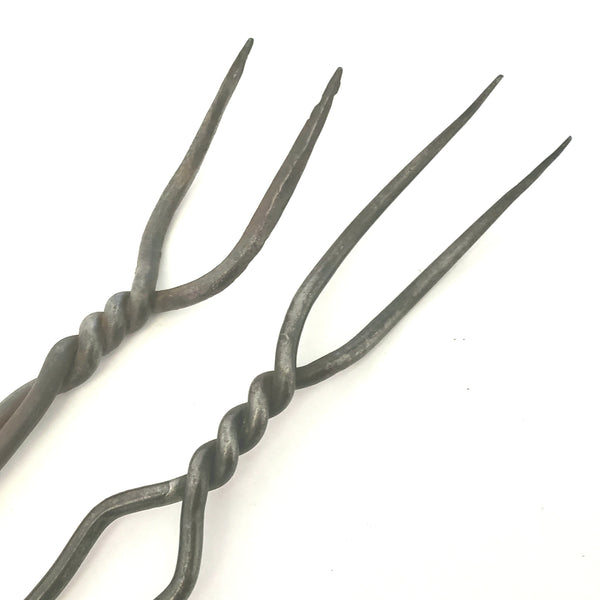 Early Pair Wrought Iron Twisted Two Prong Forks Hearth Utensil